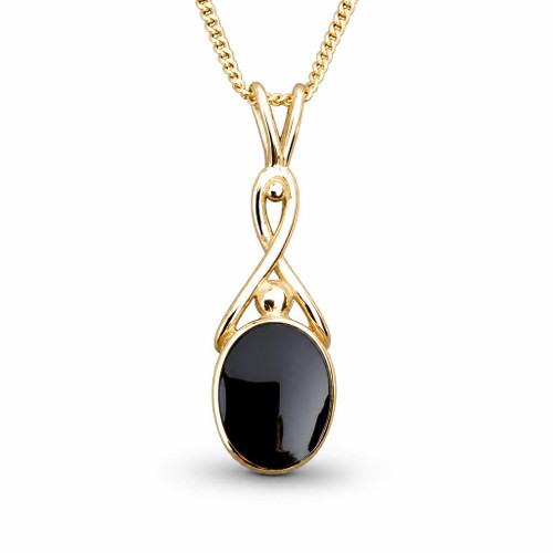 9ct yellow gold Celtic necklace with oval Whitby Jet stone handcrafted in Whitby