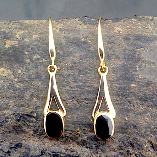 9ct gold hand crafted wishbone drop earrings with oval Whitby Jet