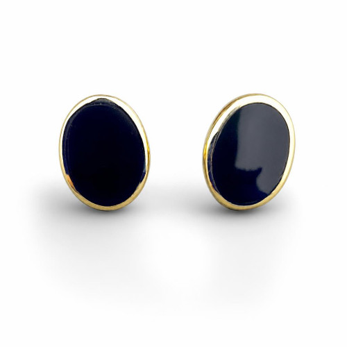 Hand crafted oval 9K yellow gold stud earrings with organic black gemstones 
