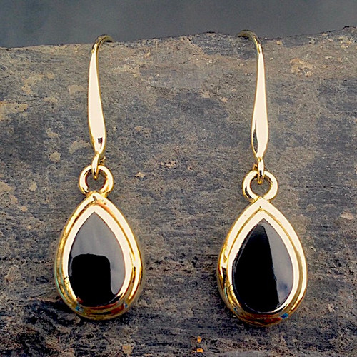 Whitby Jet and 9ct gold teardrop drop earrings
