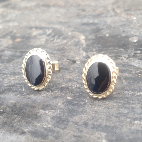 Whitby Jet and 9ct gold rope edge stud earrings
