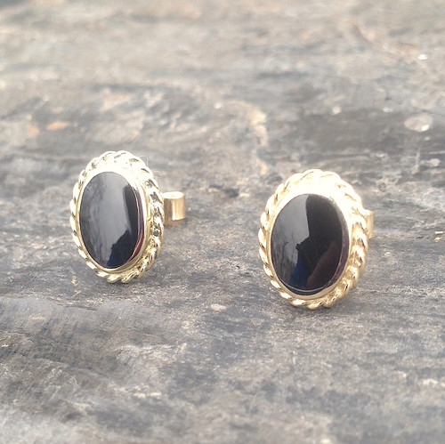 Hand crafted Whitby Jet and 9ct gold oval rope edge stud earrings