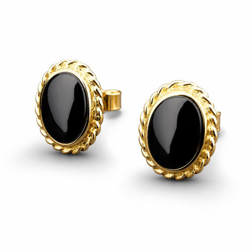 Hand crafted Whitby Jet and 9ct gold oval rope edge stud earrings