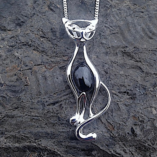 Hand crafted large sterling silver cat pendant necklace oval Whitby Jet cabochon