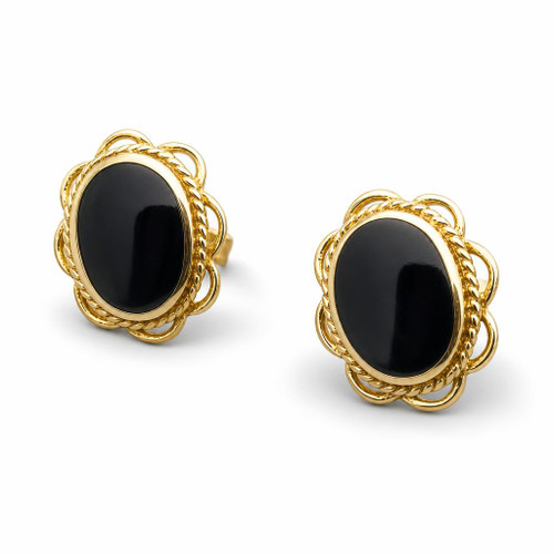 Hand crafted large oval rope frill Whitby Jet 9ct gold stud earrings