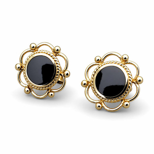 Round rope frill bead Whitby Jet 9ct gold stud earrings