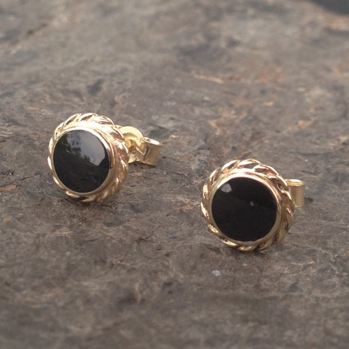 Round rope edge Whitby Jet 9ct gold stud earrings