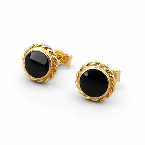 Hand crafted round rope edge Whitby Jet 9ct gold stud earrings
