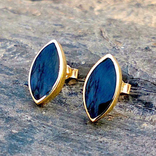 9ct gold stud earrings with marquise cut Whitby Jet stones