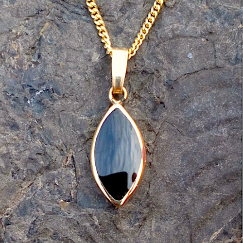 Handmade small 9ct yellow gold pendant necklace marquise cut Whitby Jet stone