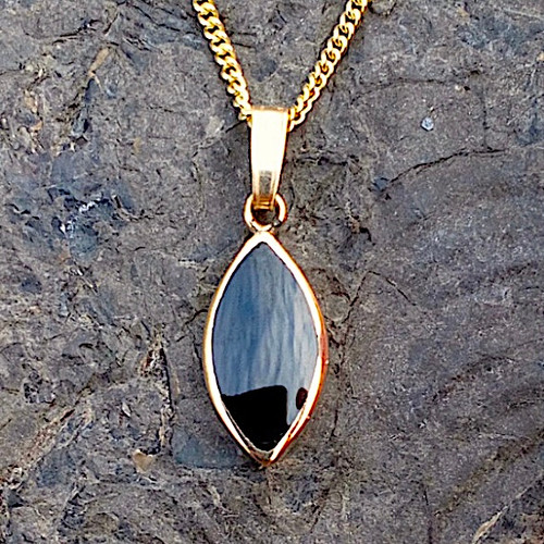 Handmade small 9ct yellow gold pendant necklace marquise cut Whitby Jet stone