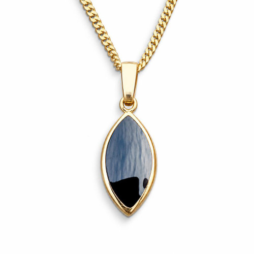 Handmade small 9ct yellow gold pendant necklace marquise cut Whitby Jet stone