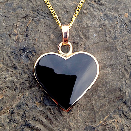 Handmade Whitby Jet and 9ct gold heart pendant on gold curb chain