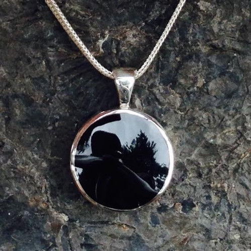 Hand crafted circular Whitby Jet and sterling silver necklace