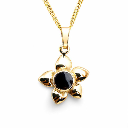 Solid 9ct yellow gold flower pendant necklace round hand carved Whitby Jet stone
