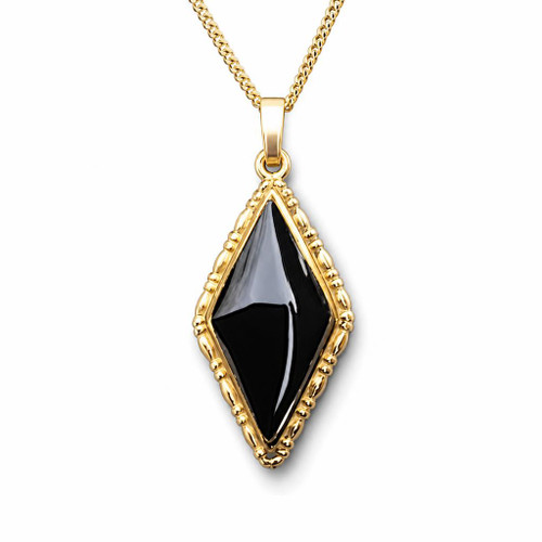 Hand crafted Whitby Jet and 9ct gold diamond shaped pendant on gold curb chain