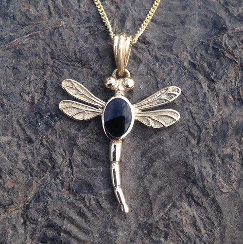 Hand crafted Whitby Jet and 9ct gold dragonfly pendant on gold chain