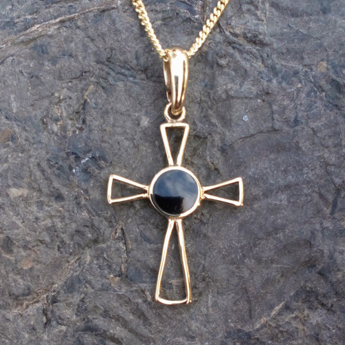 Whitby Jet and 9ct gold cross pendant on gold curb chain