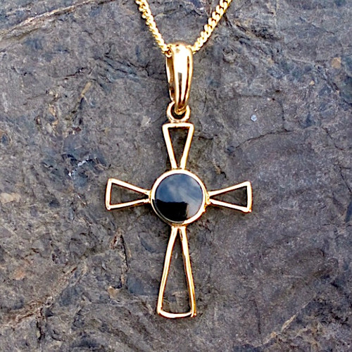 Hand crafted Whitby Jet 9ct yellow gold cross pendant necklace on gold curb chain