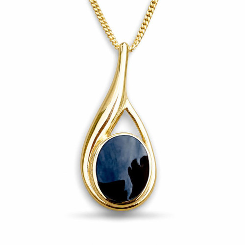 Hand crafted asymmetrical 9ct gold wishbone pendant necklace oval Whitby Jet 