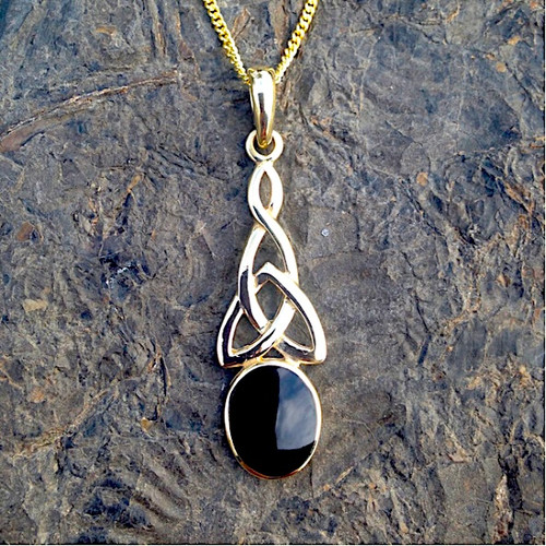 Hand crafted large Celtic 9ct yellow gold and Whitby Jet pendant necklace
