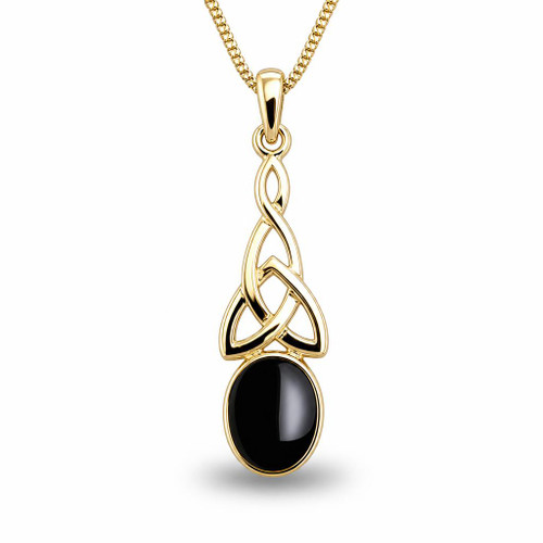 Hand crafted large Celtic 9ct yellow gold and Whitby Jet pendant necklace