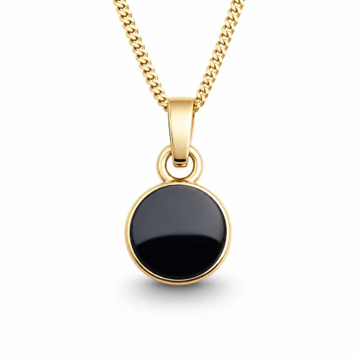Hand crafted 9ct yellow gold Whitby Jet round pendant necklace in gift case