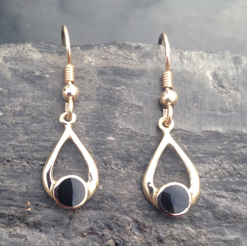 9ct gold wishbone drop earrings with round Whitby Jet stone