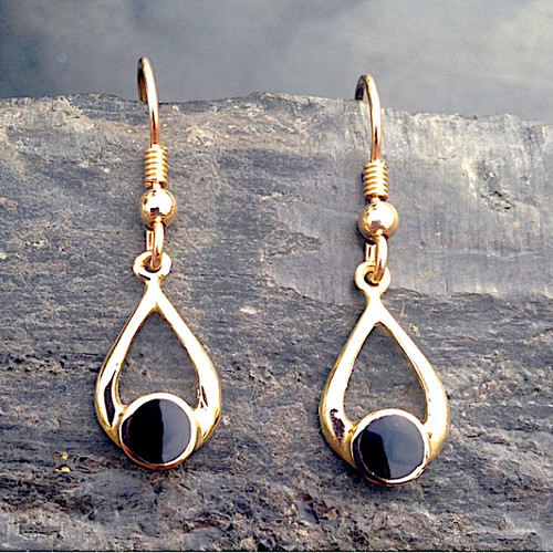 Handmade 9ct yellow gold wishbone drop earrings with round Whitby Jet stone