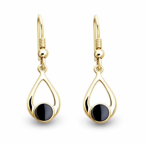 Handmade 9ct yellow gold wishbone drop earrings with round Whitby Jet stone