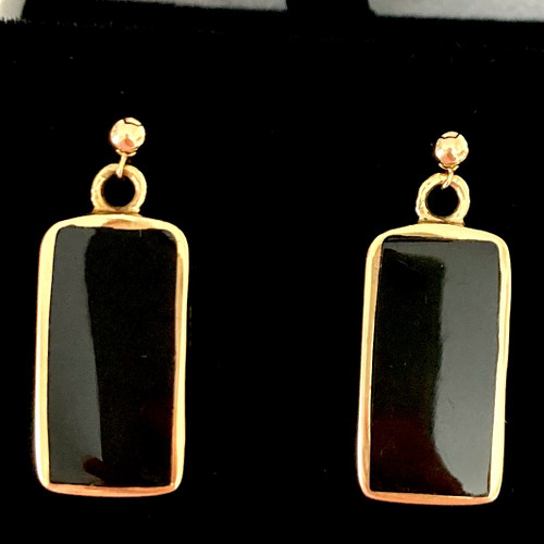 Handmade Whitby Jet 9K yellow gold rectangular dangly earrings with two hearts on reverse side
