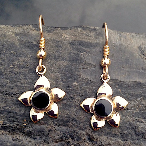 9ct gold flower drop earrings with round hand carved Whitby Jet stones