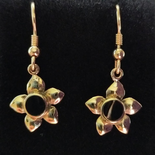9ct gold flower drop earrings with round hand carved Whitby Jet stones