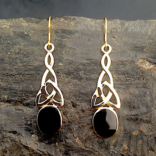 Hand crafted large Celtic Whitby Jet 9ct gold drop earrings with oval stone
