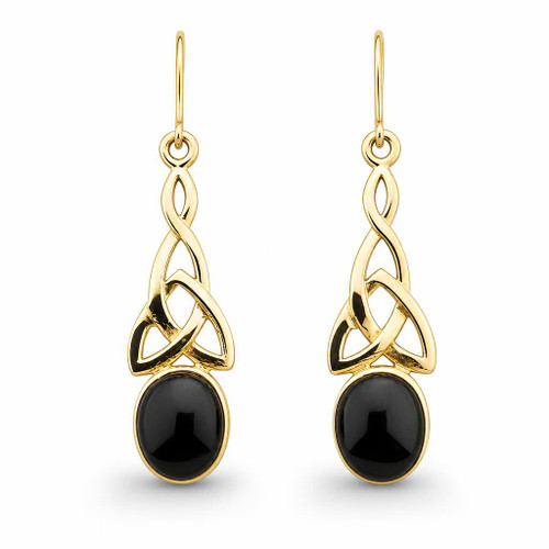 Hand crafted large Celtic Whitby Jet 9ct gold drop earrings with oval stone