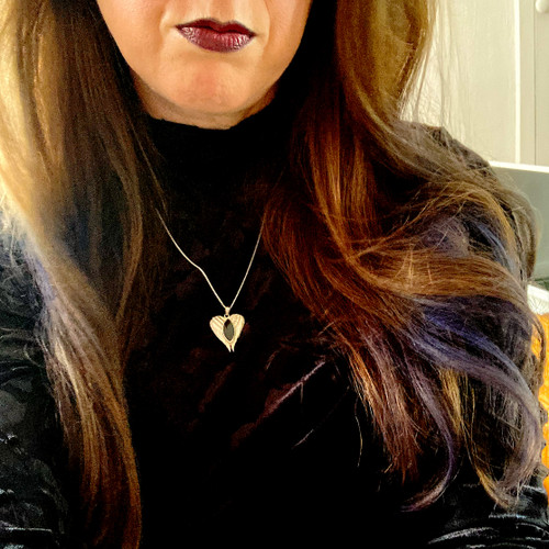 Hand crafted 925 silver angel necklace with organic black marquise cut gemstone