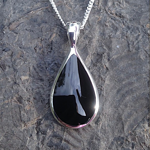 Hand crafted Medium Whitby Jet and sterling silver peardrop pendant necklace 