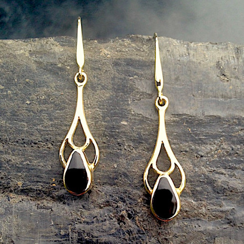 Whitby Jet and 9ct gold drop earrings with teardrop shaped stone