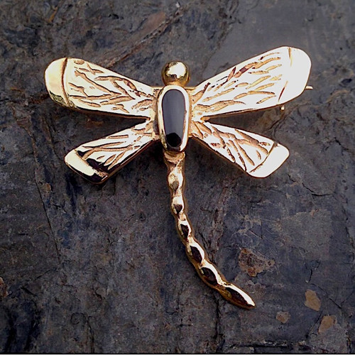 Handmade Whitby Jet 9ct gold dragonfly pin brooch