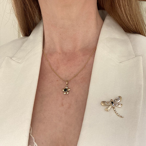 9K yellow gold dragonfly horizontal pin brooch with hand carved organic black gemstone