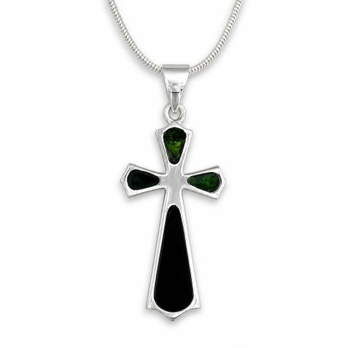 Hand crafted sterling silver multi stone cross necklace with Whitby Jet 