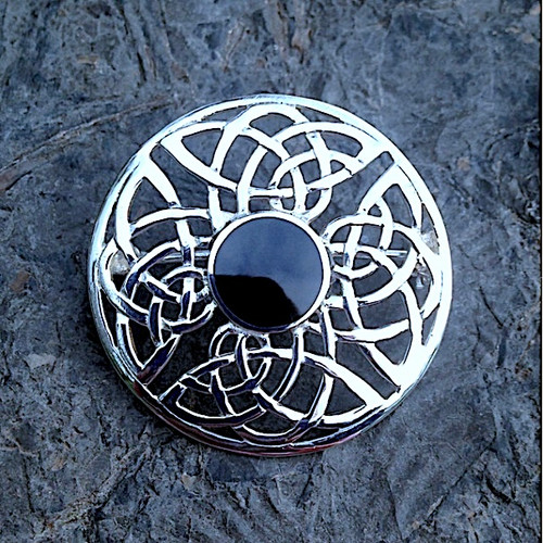 Hand crafted large round Celtic Whitby Jet and sterling silver horizontal pin brooch