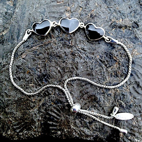 Hand crafted Whitby Jet and 925 sterling silver hearts sliding bracelet