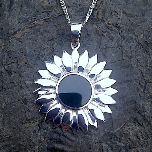 Large sterling silver sunflower pendant necklace with Whitby Jet
