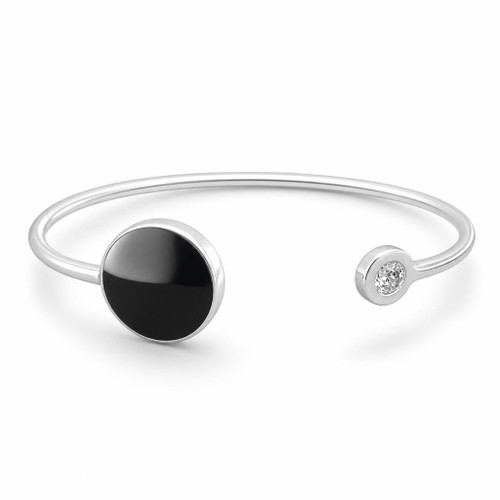 Hand crafted sterling silver open bangle with round Whitby Jet black stone and sparkling cubic zirconia