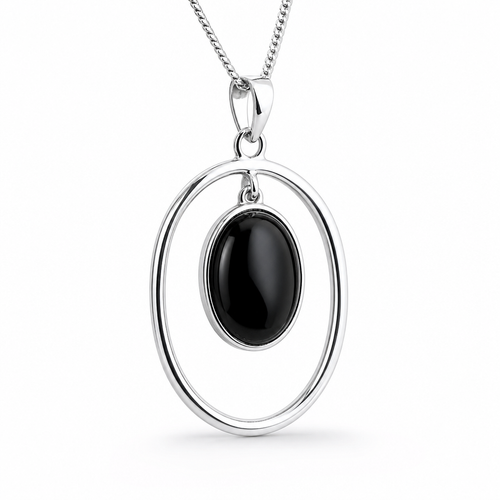 Hand crafted contemporary Whitby Jet and sterling silver open oval halo pendant