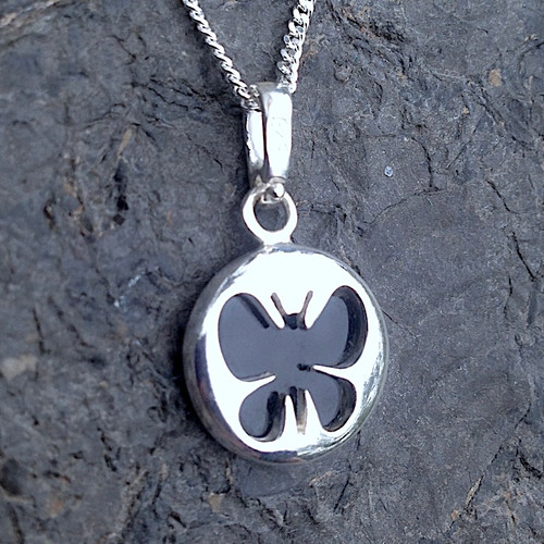 Reversible Whitby Jet and 925 sterling silver butterfly cut out necklace