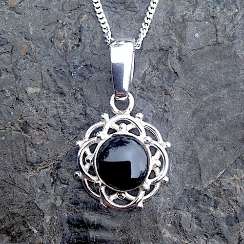 Whitby Jet sterling silver round frill and bead cabochon pendant necklace
