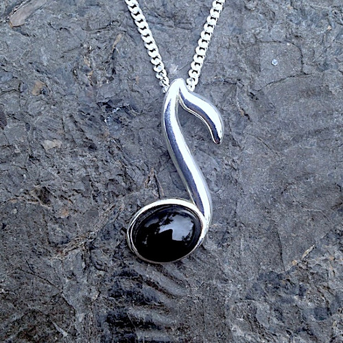 Whitby Jet and sterling silver musical note pendant