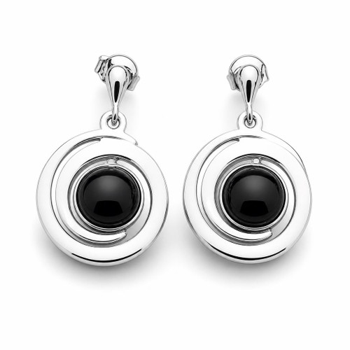 Spiral shaped sterling silver and Whitby Jet cabochon drop earrings with stud fastenings